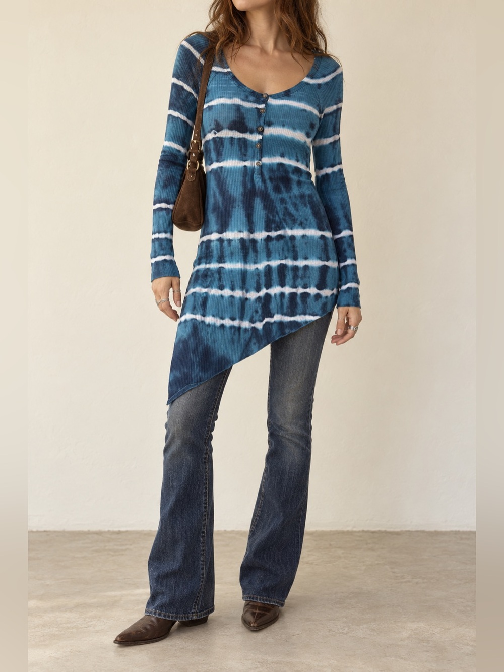 Vintage Hard Tail Forever Teal Tie Dye Ribbed Henley Tunic Top Large Asymmetric